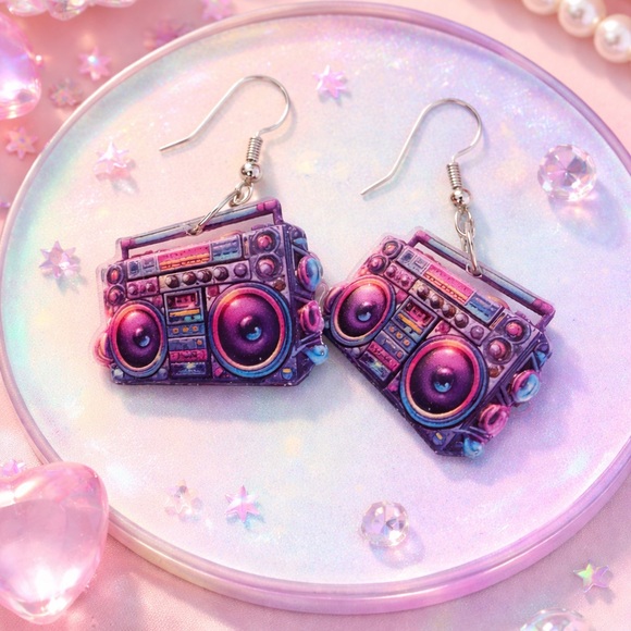 Jewelry - Retro Boombox Earrings Colorful 80s 90s Music Statement Dangle Cute Funky Y2K